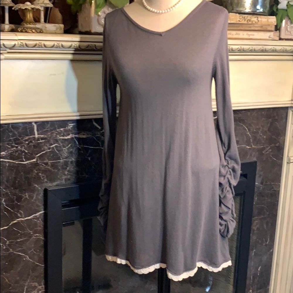 - Lemon ruched dark gray long sleeve dress tunic